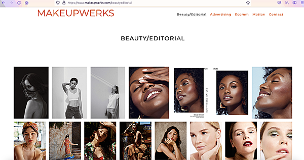 screen shot of Makeupwerks . com portfolio website of Tania D Russell makeup artist Los Angeles makeup artist San Francisco mens grooming hair styling advertising commercials fashion
